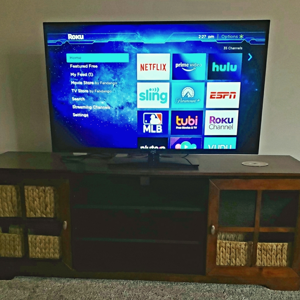 JVC 46" LED/LCD Thin Flat-screen TV with a Roku Stick, and a New Mohoganay Wood